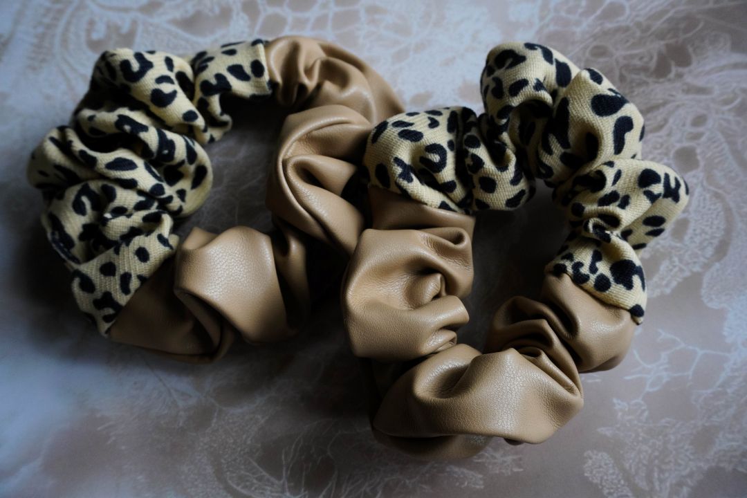 beige leather + beige & black cheetah print scrunchie