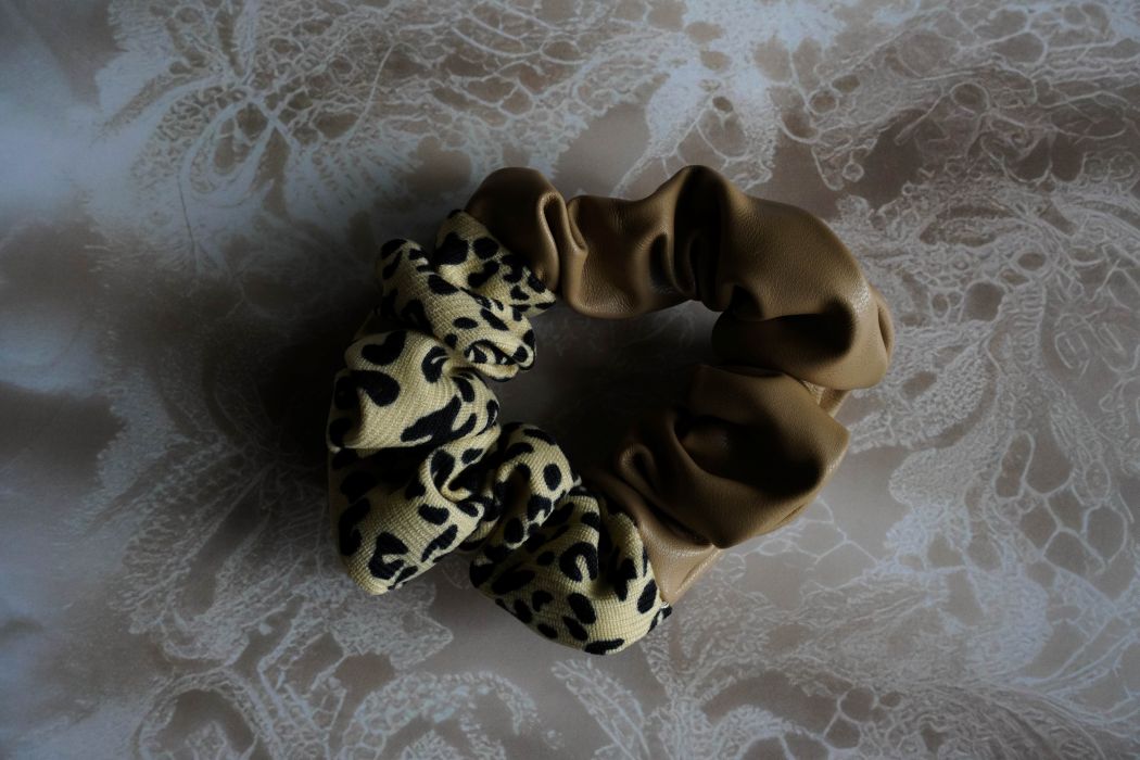 beige leather + beige & black cheetah print scrunchie