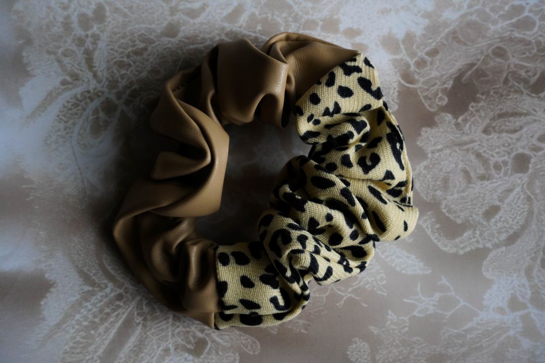 beige leather + beige & black cheetah print scrunchie