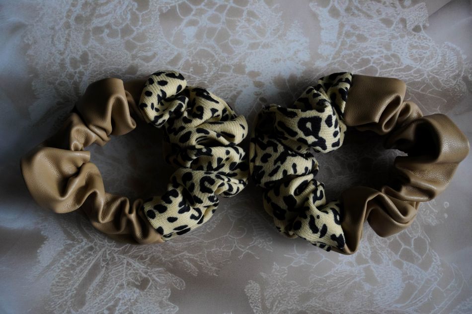 beige leather + beige & black cheetah print scrunchie