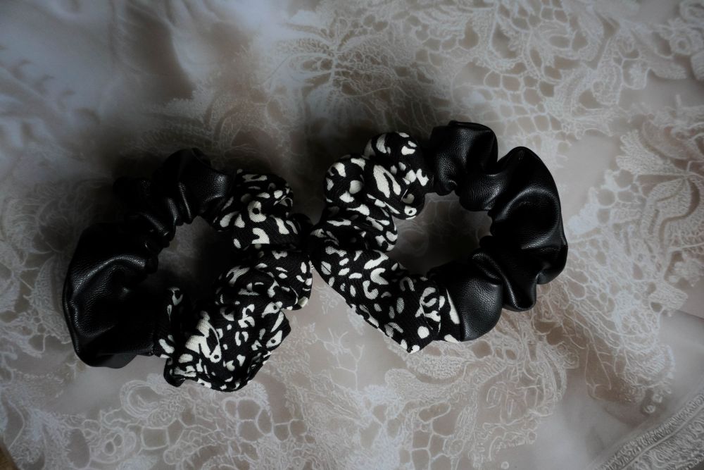 black leather + black & white cheetah print scrunchie