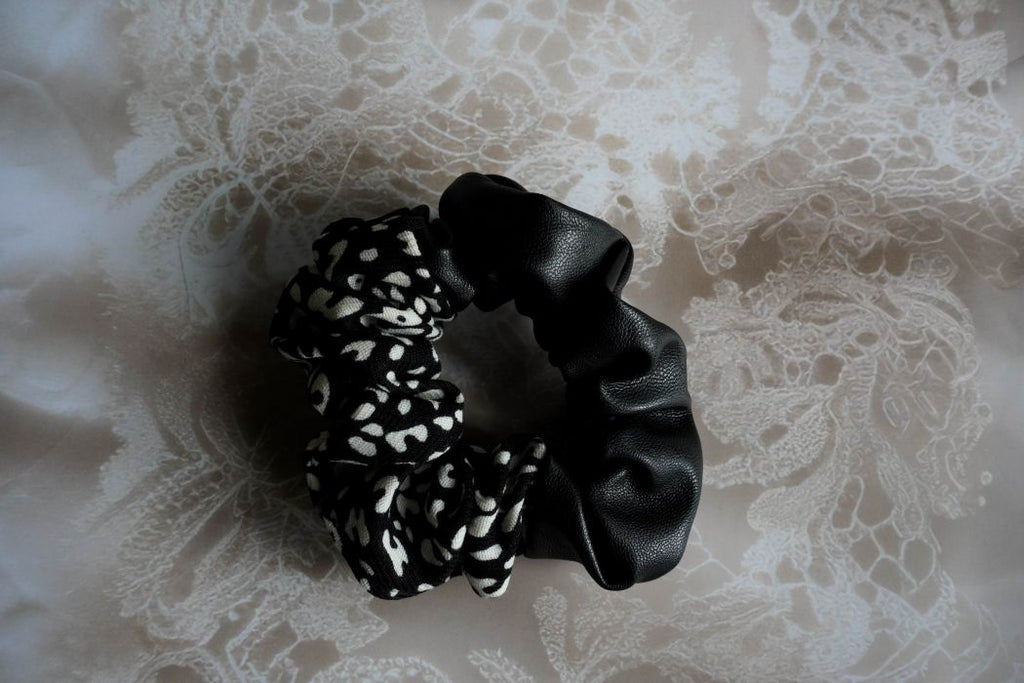 black leather + black & white cheetah print scrunchie