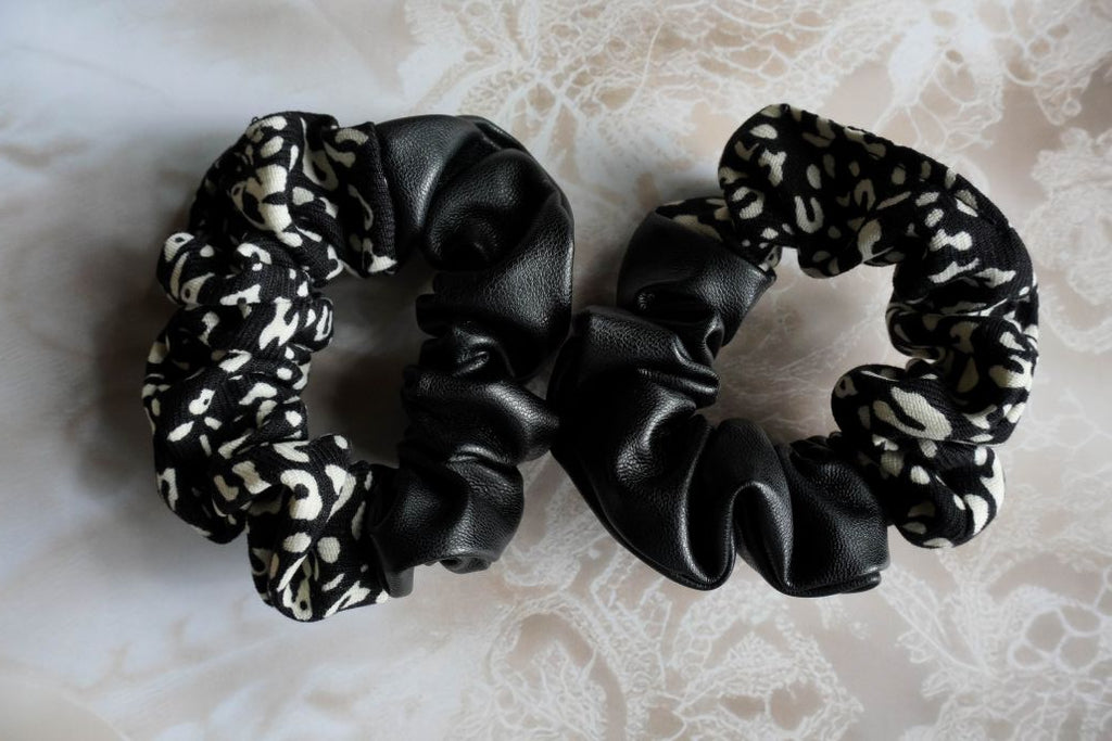 black leather + black & white cheetah print scrunchie