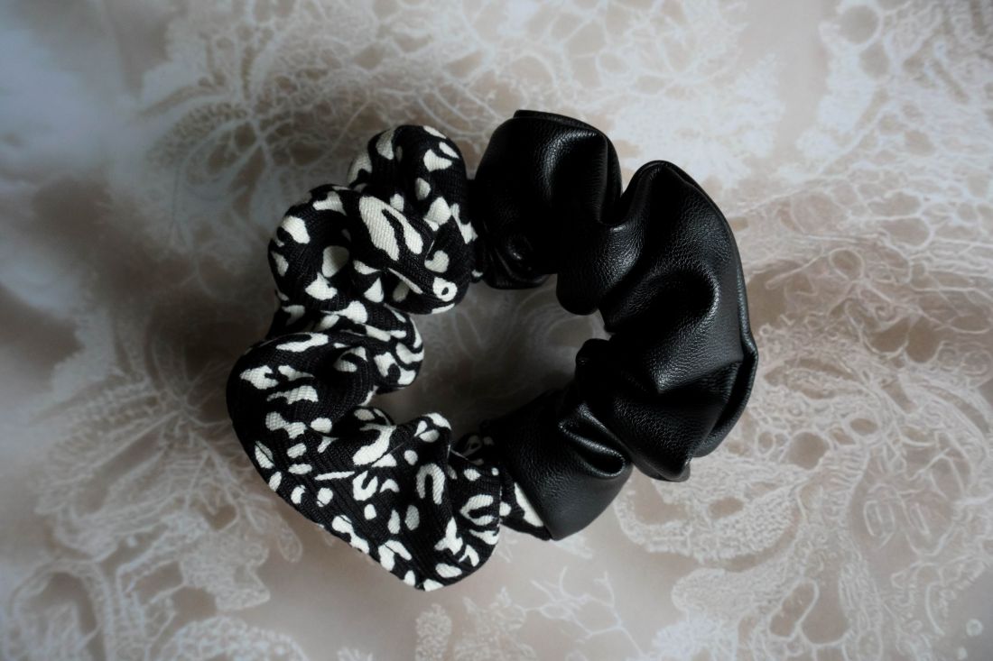 black leather + black & white cheetah print scrunchie
