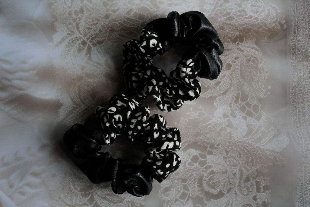 black leather + black & white cheetah print scrunchie