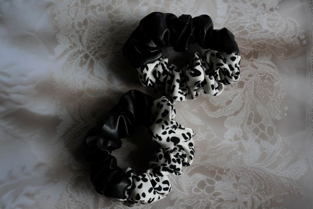 black leather + dalmatian print scrunchie