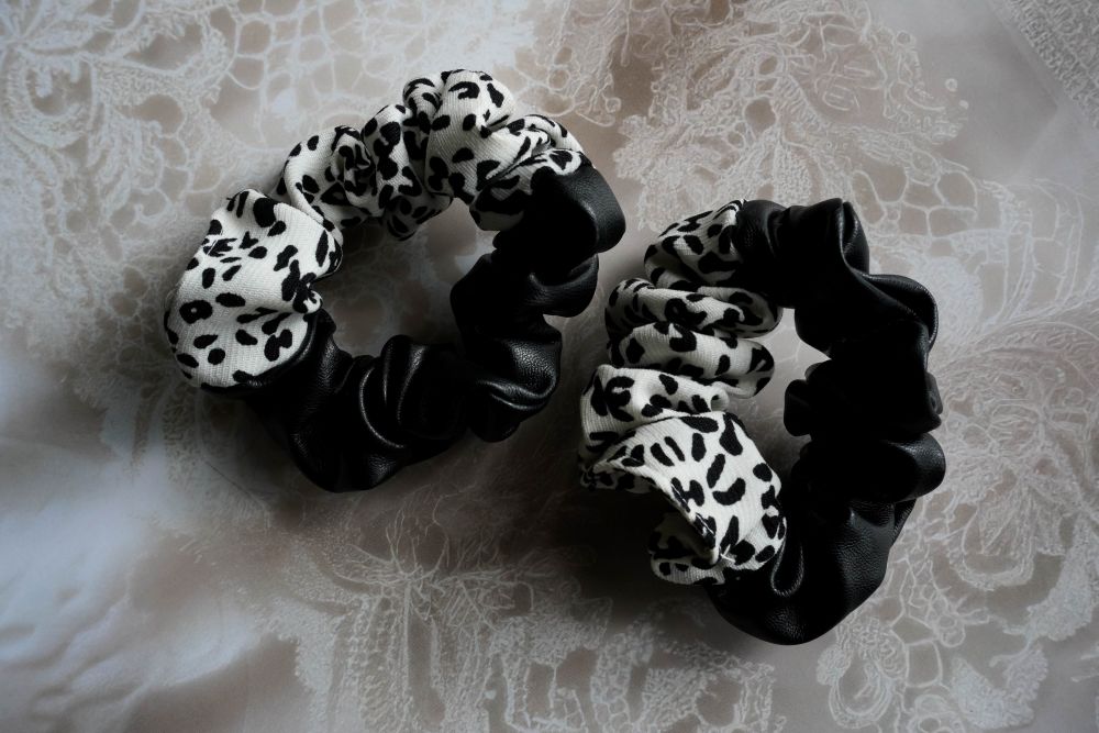 black leather + dalmatian print scrunchie