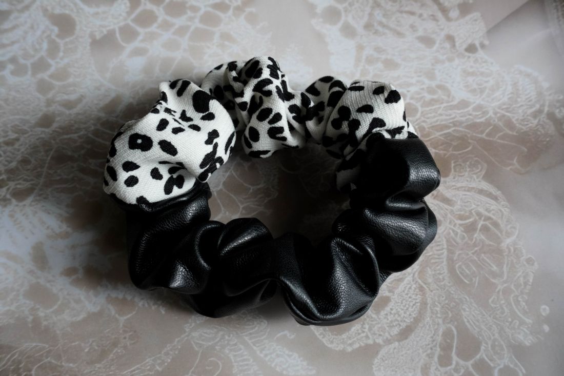 black leather + dalmatian print scrunchie